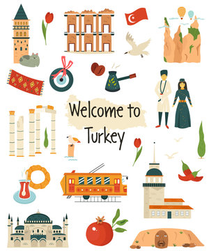 Big icon set of landmarks, symbols of Turkey.