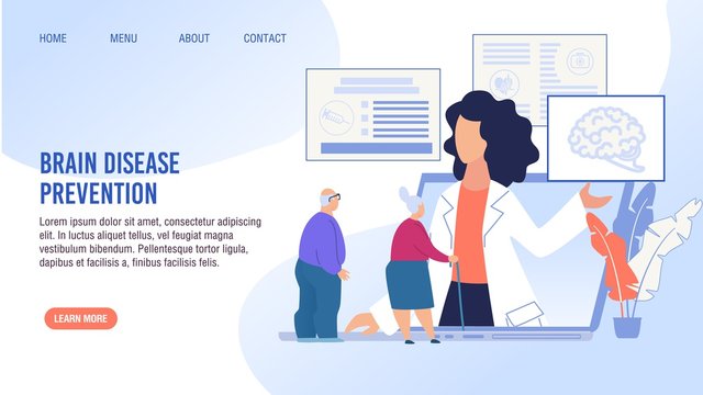 Brain Disease Prevention, Early Determination, Treatment. Cartoon Old Senior Man and Aged Woman Pensioner Having Online Doctor Consolation. Flat Landing Page Layout Design. Vector Illustration
