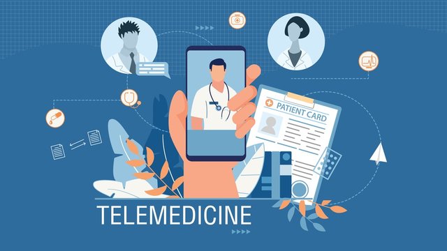 Telemedicine Banner Advertising Medical Mobile App. Cartoon Human Hand Holding Smartphone with Working Application for Online Doctor Consultation. Patient Card. Open Chat. Vector Flat Illustration