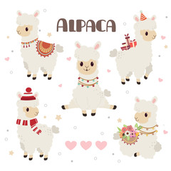 The collection of cute alpaca in the white backgrond and heart and star set. The character of cute alpaca in any action. some alpaca is sitting and standing. The alpaca wear a hat and winter hat.