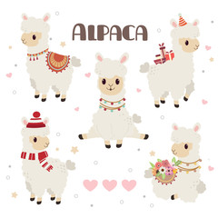 Obraz premium The collection of cute alpaca in the white backgrond and heart and star set. The character of cute alpaca in any action. some alpaca is sitting and standing. The alpaca wear a hat and winter hat.