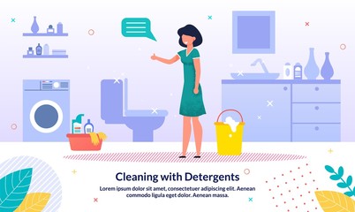 Detergents for Home Bathroom Cleaning Trendy Vector Advertising Banner, Promo Poster Template. Happy Woman, Housewife Standing in Cleaned, Shiny Home Bathroom, Satisfied with Cleaning Illustration