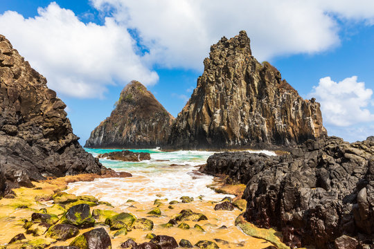 View of Two Brothers Mountain (Morro dos Dois Irm&atilde;os in Portuguese) from Cacimba do Padre beach in Fernando de Noronha, Brazil