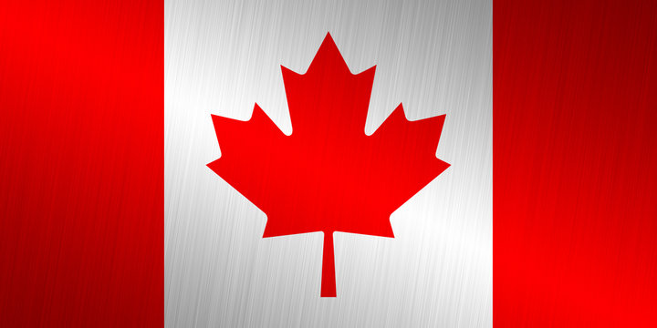 Flag of Canada in traditional colors and proportion. Metal texture. 3D rendering