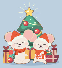 The character of cute mouse with a gift box and christmas tree on the blue background. The cute mouse with a pile of gift box. The character of cute mouse in flat vector style.