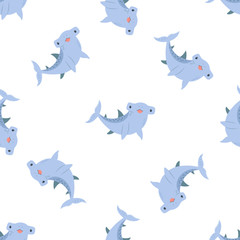 Summer seamless pattern with hand drawn sharks