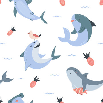 Summer seamless pattern with hand drawn sharks