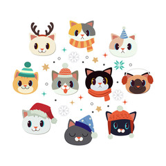 The collection of cute cat with christmas theme set. The cute cat wear winter hat, earmuffs, scarf, deer horn and party hat. The character of cute cat in flat vector style.