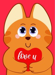 Poster with ginger cat holding a heart with "love u" lettering. Cute cartoon character. Can be used as valentine's card or stationery design, in veterinary clinics advertisement. Bright colors.