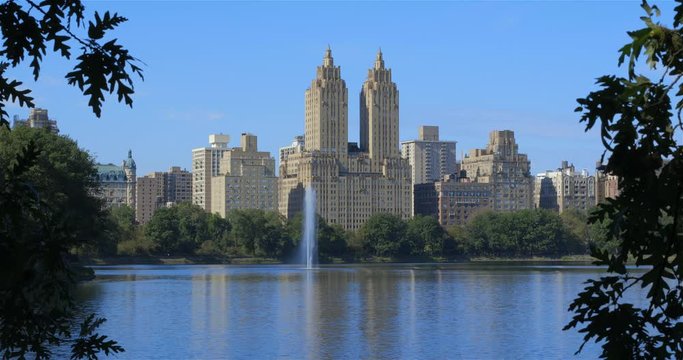 Panoramic view of The San Remo building and Central Park Reservoir in New York City.