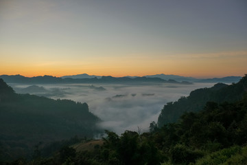 Obraz premium Beautiful landscape with mist in morning at Ban Ja Bow , Pang Ma Pha ,Mae Hong Son province ,Thailand.