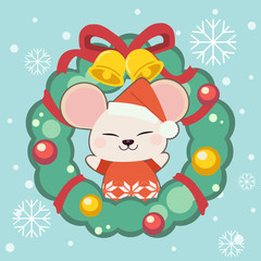 The character of cute mouse with a christmas wreath. The christmas wreath have a bell and ribbon and ball ans bow. The character of cute mouse in flat vector style.