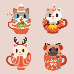 The collection of cute cat in the cup in christmas theme set. The character of cute cat sitting in the big cup. The cute cat wear winter hat , party hat, deer horn, earmuffs. The cat in flat vector.
