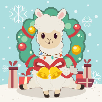 The character of cute alpaca with christmas wreath and bell and gift box and snow flake on the blue background.The cute alpaca look happy in christmas theme.The character of cute alpaca in flat vector