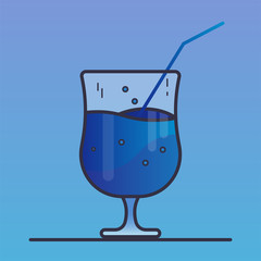Mysterious classic blue cocktail. Drink in a glass goblet with a paper straw tube. Outline vector icon. Main color of 2020 year