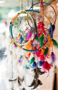 Dreamcatchers blowing in the wind in an Indian market
