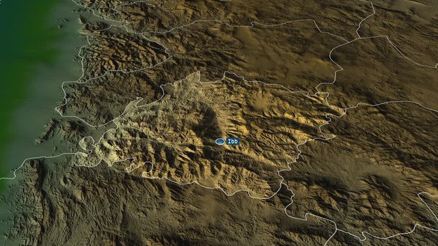 Ibb - governorate of Yemen with its capital zoomed on the physical map of the globe. Animation 3D