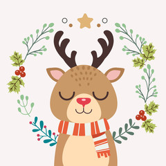 The character of cute deer with the christmas wreath. The christmas wreath have holly leaf and berry and many leaf and star. The character of cute deer in flat vector style.