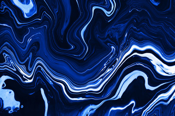 Bright resin art abstract background. Multicolor marble surface, mineral stone texture. Classic blue color of the year 2020 concept. Fluid, color liquid flow effect. Acrylic waves and swirls. - 307570359