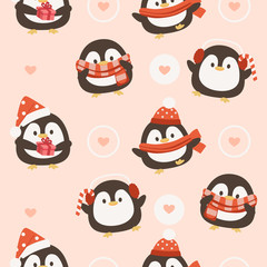 The seamless pattern of penguin with heart in balloon talk. The character of cute penguin wear winter hat and scarf with heart in the balloon talk. The character of cute panguin in flat vector style.