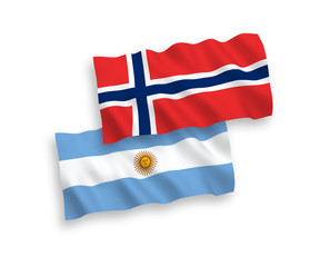 National vector fabric wave flags of Norway and Argentina isolated on white background. 1 to 2 proportion.