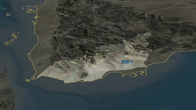 Lahij - governorate of Yemen with its capital zoomed on the satellite map of the globe. Animation 3D