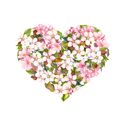 Floral heart with cherry blossom flowers. Valentine Watercolor