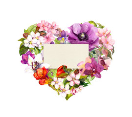 Floral heart with flowers and empty space for your text. Watercolor for Valentine day