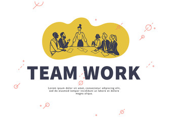 Multiracial office people sitting at table discussing business projects on white background. Hand drawn doodle sketch style. Creative projects concept, team work, partnership. Vector illustration.