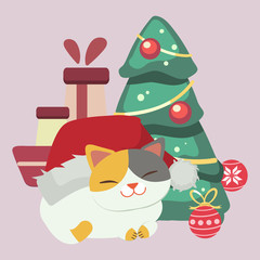Naklejka premium The character of cute cat wear winter hat with christmas tree and christmas ball and gift box. The cat and big winter hat. The character of cute cat in flat vector style.