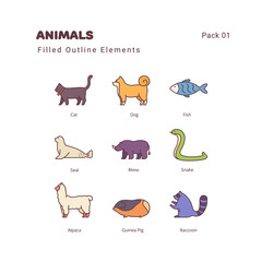 Fototapeta premium Animals color linear illustration elements icons