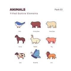 Animals color linear illustration elements icons
