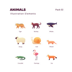 Animals flat color illustration elements icons