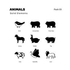 Animals solid elements icons set