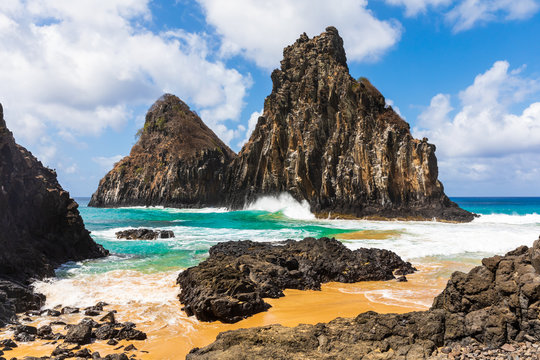 View of Two Brothers Mountain (Morro dos Dois Irm&atilde;os in Portuguese) from Cacimba do Padre beach in Fernando de Noronha, Brazil