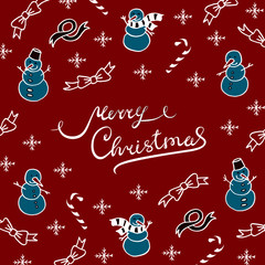 Vector red drawing in doodle style with lettering composition "Merry Cristmas". Background with snowmen, bows, ribbons, snowflakes and candy. For cristmas cards. 