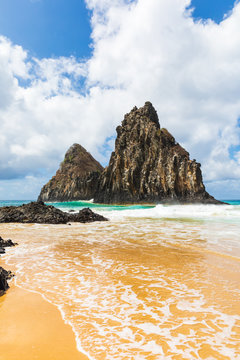 View of Two Brothers Mountain (Morro dos Dois Irm&atilde;os in Portuguese) from Cacimba do Padre beach in Fernando de Noronha, Brazil