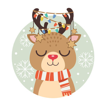 The character of cute deer standing in the green circle and snowflake. The cute deer with color light bulb and star. The cute deer wear a red scarf. The character of cute deer in flat vector style.