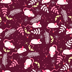 Seamless pattern with white mice. Vector graphics.