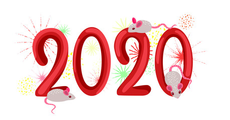 2020, mouse and firework isolated on white background. Vector graphics.