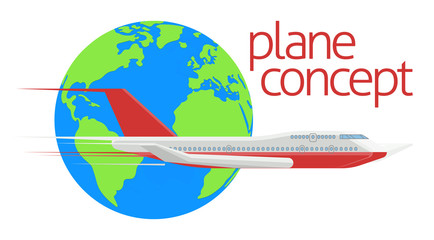 Airplane jet in front of a world planet earth globe air travel concept icon illustration in a flat modern style