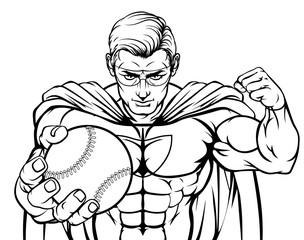 Fototapeta na wymiar Superhero Holding Baseball Ball Sports Mascot cartoon character