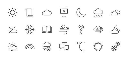 Set of Weather vector line icons. Contains symbols of the sun, clouds, snowflakes, wind, rainbow, moon and much more. Editable Stroke. 32x32 pixels.