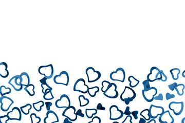 Valentines decoration of little blue confetti hearts on white background. Festive concept.