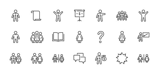 Set of people vector line icons. It contains the symbols of a man, a woman, a family, a toilet, a businessman, a teacher, and much more. Editable Stroke. 32x32 pixels.