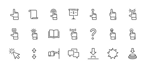 Click Set of Buttons related Vector Icons. Contains such Icons as Cursor, Mouse, Hand, Index Finger, Arrow and more. Editable Stroke. 32x32 Pixel Perfect