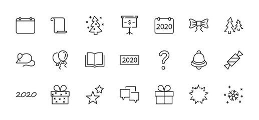 Happy New Year Mouse. Set vector line icon. Contains such Icons as Mouse, Christmas Tree, Calendar 2020, Bow, Balloons, Bell, Candy, Gift Box, Stars, Snowflake. Editable Stroke. 32x32 Pixel Perfect