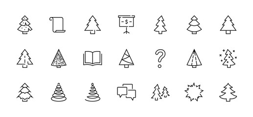 Christmas Tree thin line icon set. Stylized linear icons of artificial snow, spruce, present box fir. Editable Stroke. 32x32 Pixel Perfect