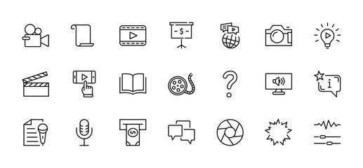 International Film Day Set Line Vector Icons. Contains such Icons as Clapperboard, Camera, Video, Play, Film, Lens, Microphone, Media settings and more. Editable Stroke. 32x32 Pixel Perfect