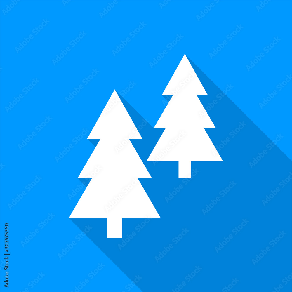 Poster flat white coniferous trees icon with a long shadow on a blue background.